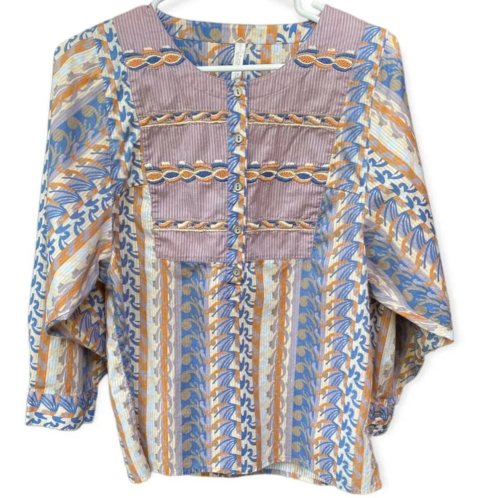 Free People Hippie Embroidered  Top Gorgeous colors purple Orange Like new L